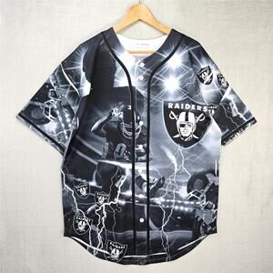 LA DREAMZ Las Vegas Raiders Jersey Men's XL Black Button Up Baseball Style AOP